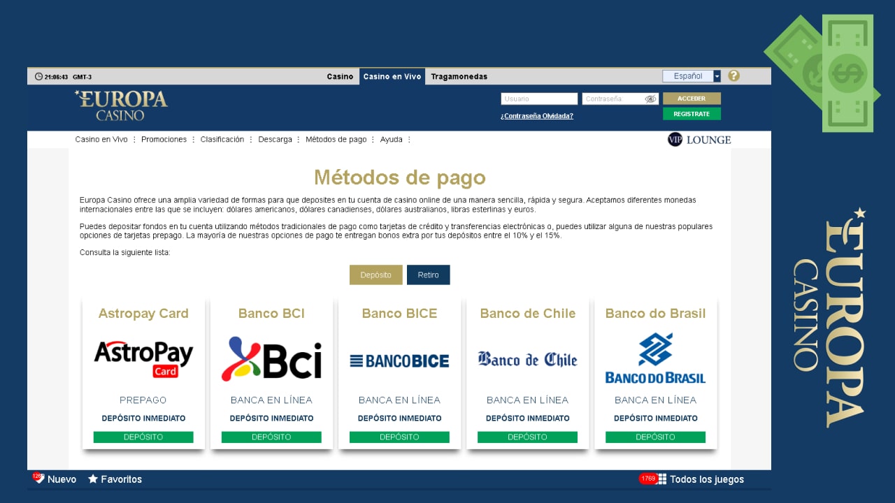 métodos de pago en Europa Casino